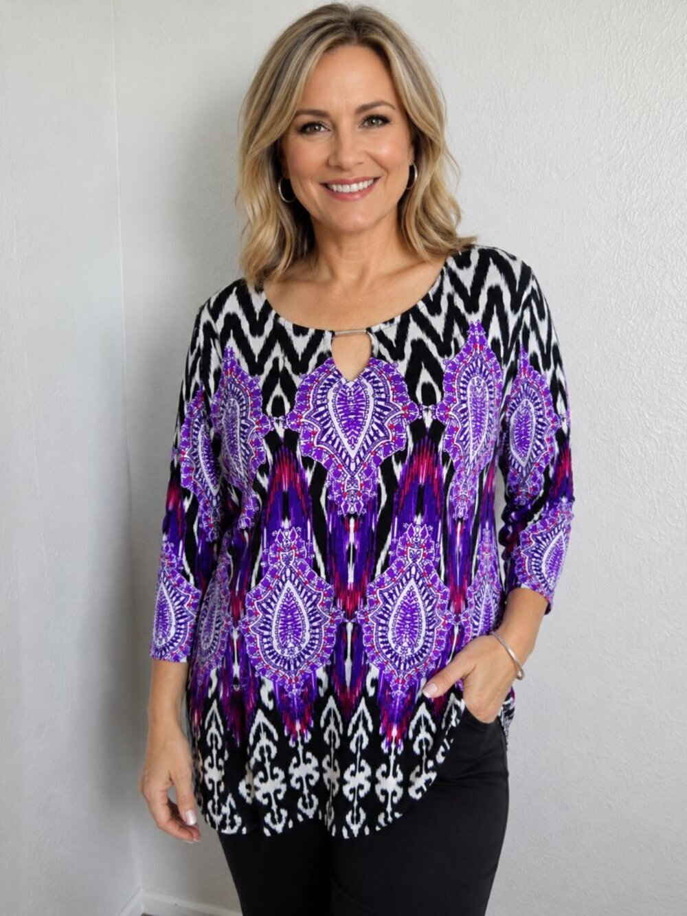 Travelers by Chico's Purple Multicolor Keyhole Blouse, Size 2 or Large